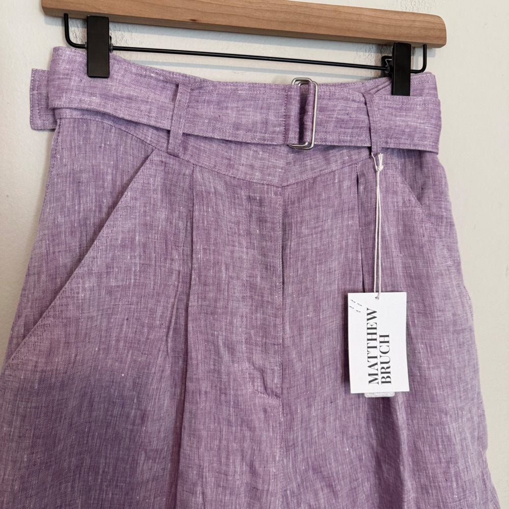 NWT Matthew Bruch Wide Leg pants belted linen lavender melange 2 minimalist boho - Picture 2 of 7